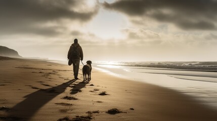 A person with a guide dog at a beach, taken from a distance.
