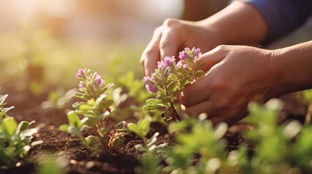 Close-up of a person's hands planting flowers.
