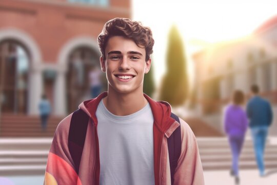 Illustration of diverse Ethnic teenagers students inside an univesity campus - Created with generative ai
