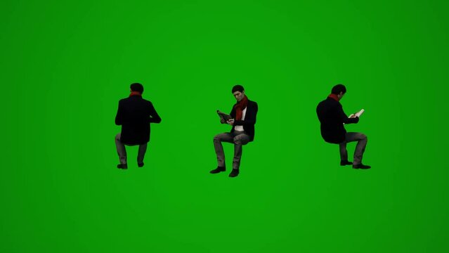 3d different australian men on green screen sitting talking and working on mobile phone in winter render animation 