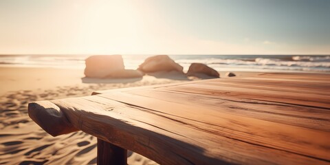 rustic table at the sea, presentation, vacations, sun