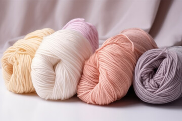 Fototapeta na wymiar Close Up of yarn balls. Rainbow pastel colors. Yarn for knitting. Hobby concept. Knitting needles, colorful threads. Knitting wallpaper background. Generative AI professional photo imitation.