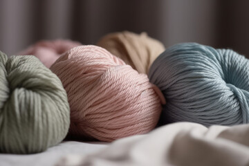 Fototapeta na wymiar Close Up of yarn balls. Rainbow pastel colors. Yarn for knitting. Still life composition. Knitting needles, colorful threads. Knitting wallpaper background. Generative AI professional photo imitation.