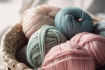 Fototapeta na wymiar Close Up of yarn balls. Pastel colors. Yarn for knitting. Big Skeins of yarn. Knitting needles, colorful threads. Knitting wallpaper background. Generative AI professional photo imitation.