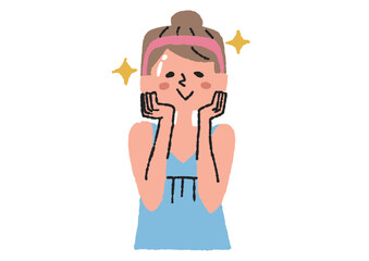 お肌の手入れをする女性　コミカルな手書きの人物イラスト