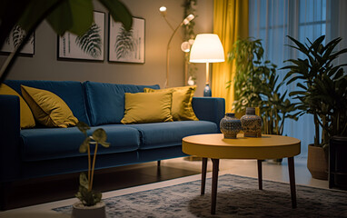 Living room interior design in yellow blue and beige colors, home lighting and cozy atmosphere concept. Generative AI