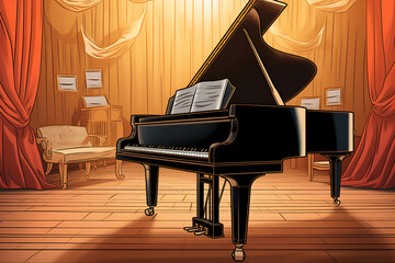 Grand piano on stage in cartoon comic style. Generative AI