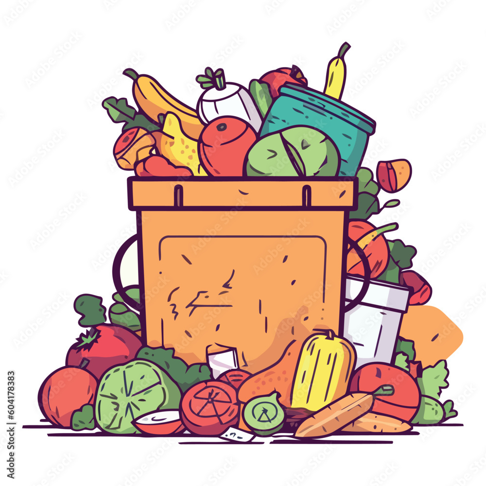 Sticker fresh vegetables and fruits in a basket