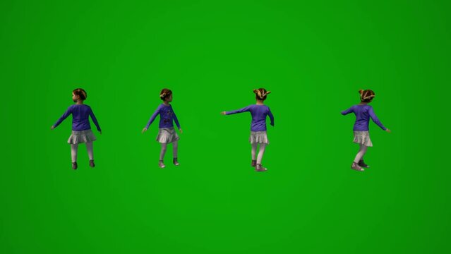 different American student girls on green screen background playing in the school yard and talking with her friends and running in several different views render animation 