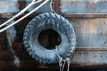 Old rusty barge ladder moored in New York City