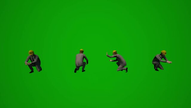 3d of several different municipal contractors on a green screen sitting and thinking and talking and working in multiple views and in chroma render animation animated 