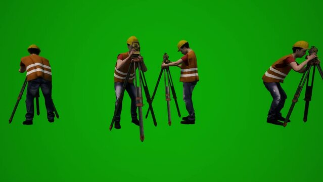 architects and construction workers on a green screen walking and working and digging and measuring in several different views and in high quality chroma. render animation 