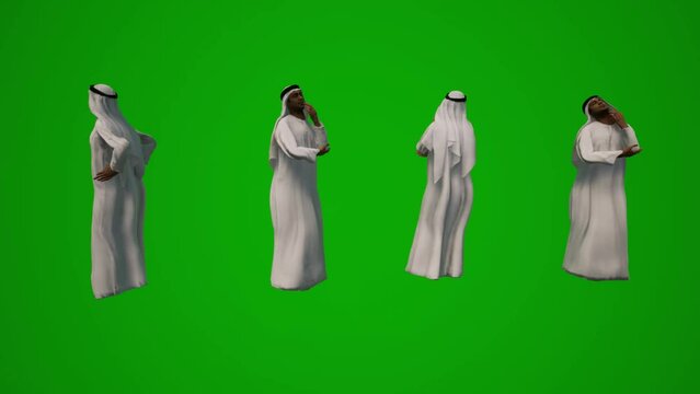 3D group of different UAE and Arab Muslim men on green screen background shopping drinking and traveling in airport in several different views  