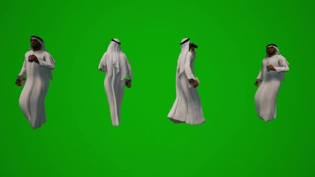3D group of different UAE and Arab Muslim men on green screen background shopping drinking and traveling in airport in several different views 