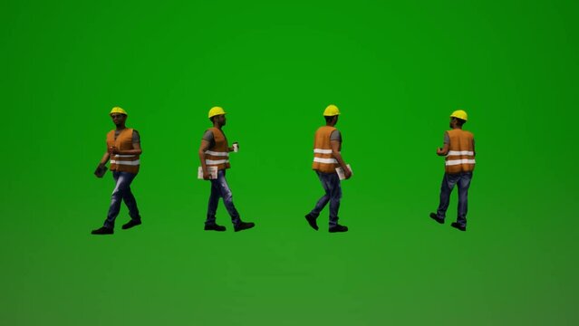 african engineers on green screen walking and drinking in the building with four different views in 3d render animation full hd animated 