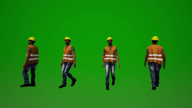 Black workers on green screen walking in the building with four different views 