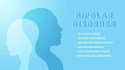 Metaphor Bipolar disorder mind mental. two face feeling. Split personality, Extreme Mood swings 2 people head silhouette. Dual personality disorder concept. Mental heath banner.