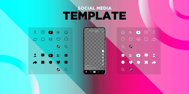 Social media landing concept, Social media template. App interface with set of icons and transparent screen, Space for photo or video. EPS 10 vector illustration.