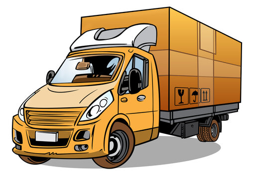 yellow delivery truck with cardboard box trucking advertising empty design isolate on transparent background png stock image