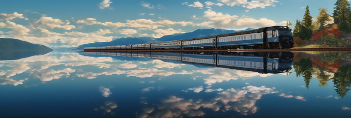 A train is traveling on lake, water surface reflects the sky. AI generative