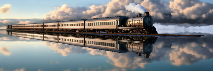 A train is traveling on lake, water surface reflects the sky. AI generative