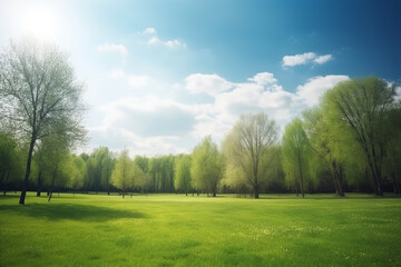 Fototapeta premium Green field, trees and blue sky. Great as a background, web banner. Created with generative AI tools.