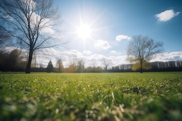 Green field, trees and blue sky. Great as a background, web banner. Created with generative AI tools.