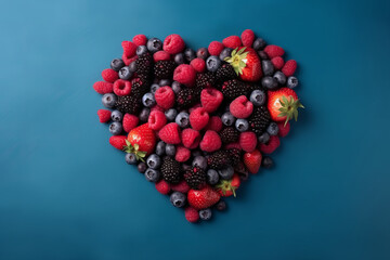 Heart, formed from different berries like strawberries, blackberries, raspberries and blueberries. Created using AI tools.