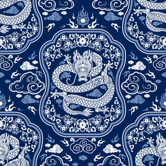 Seamless pattern happy chinese new year 2024 the dragon zodiac sign with asian elements paper cut style on color background. ( Translation : happy new year 2024 year of the dragon )