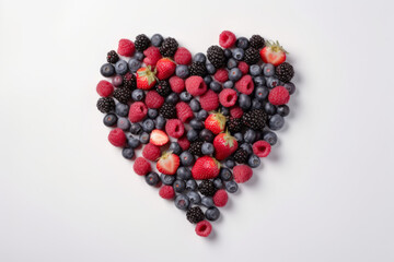 Heart, formed from different berries like strawberries, blackberries, raspberries and blueberries. Created using AI tools.