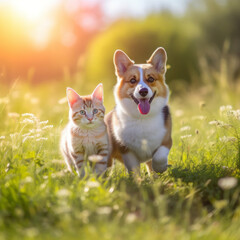 Naklejka na ściany i meble Furry friends red cat and corgi dog exploring outdoor together. Created using AI tools