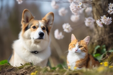 Furry friends red cat and corgi dog exploring outdoor together. Created using AI tools