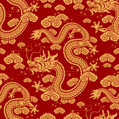 Materiał do szycia Seamless pattern happy chinese new year 2024 the dragon zodiac sign with asian elements paper cut style on color background. ( Translation : happy new year 2024 year of the dragon )