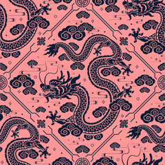 Seamless pattern happy chinese new year 2024 the dragon zodiac sign with asian elements paper cut style on color background. ( Translation : happy new year 2024 year of the dragon )