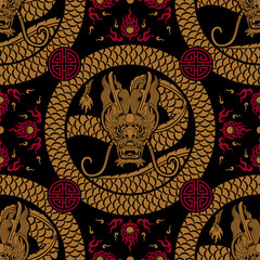 Seamless pattern happy chinese new year 2024 the dragon zodiac sign with asian elements paper cut style on color background. ( Translation : happy new year 2024 year of the dragon )