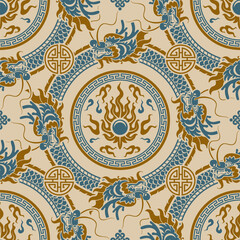 Seamless pattern happy chinese new year 2024 the dragon zodiac sign with asian elements paper cut style on color background. ( Translation : happy new year 2024 year of the dragon )