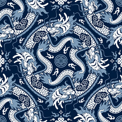 Seamless pattern happy chinese new year 2024 the dragon zodiac sign with asian elements paper cut style on color background. ( Translation : happy new year 2024 year of the dragon )