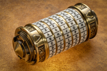 aging word as a password to combination puzzle box with rings of letters, cryptography and...