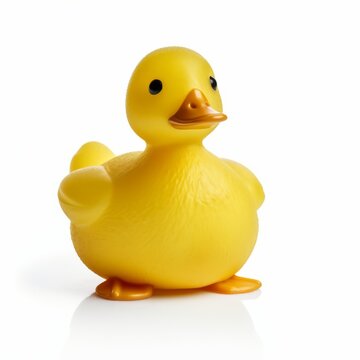 Cheerful yellow rubber duckling isolated on pure white background, Generative AI