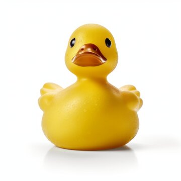 Cheerful yellow rubber duckling isolated on pure white background, Generative AI