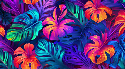 Fototapeta na wymiar Jungle leaf pattern, hawaiian, hibiscus, neon bright colorful. AI generative