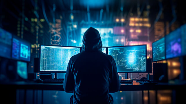 Anonymous hacker, shrouded in a hoodie, seated before a prominent monitor, engrossed in the act of hacking with lines of intricate code. Cybersecurity, Cybercrime, Cyberattack, Generative AI