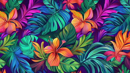 Fototapeta na wymiar Jungle leaf pattern, hawaiian, hibiscus, neon bright colorful. AI generative
