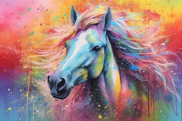 Naklejka na ściany i meble A mixed media artwork using real rainbow-colored paint of a horse, created with Generative AI technology