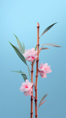 Light blue bamboo, light pink flowers, minimalist image. AI generative