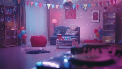 The interior of the room, decorated for a home party. Glare from the mirror disco ball is displayed on the walls. The room is decorated with flags, balloons, popcorn, pizza and paper cups on the table