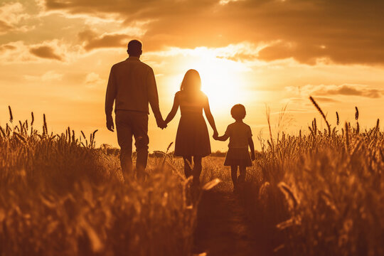 Silhouette of happy family walking in the meadow at sunset. AI generative
