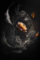 Swirl of golden leaves with flower and birg, flying floral dark art, AI generated