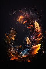 Golden leaves flying with smoke on a dark background, AI art, florist card - 604186929