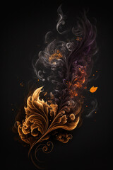 Golden leaves flying with smoke on a dark background, AI art, florist card